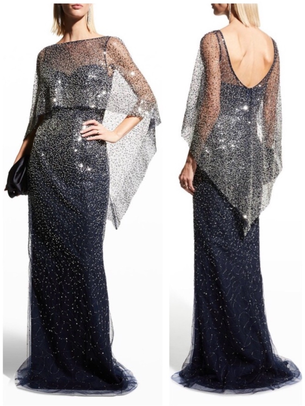 Teri Jon by Rickie Freeman Sequin-Embellished Navy Dress with Cape Overlay